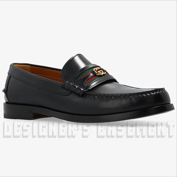 Gucci 13 black KAVEH polished Leather DOUBLE G WEB detail Loafer Shoes NIB - Picture 4 of 13